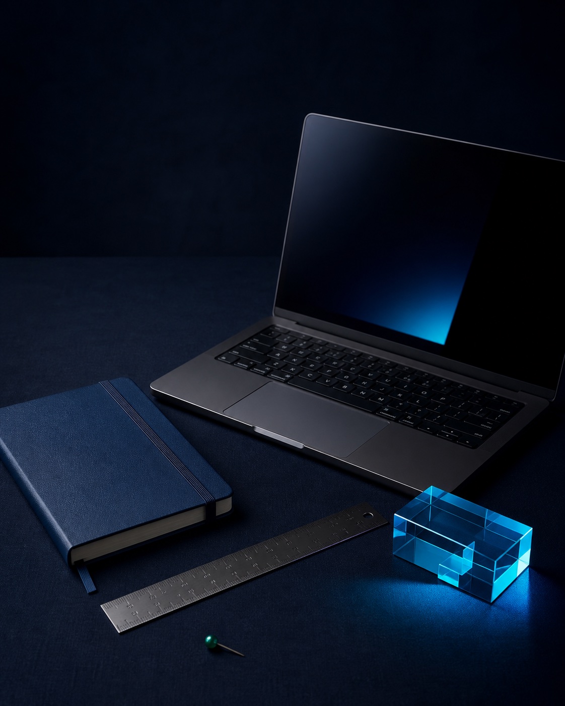 Laptop, notebook and drafting tools in the Webbin workspace